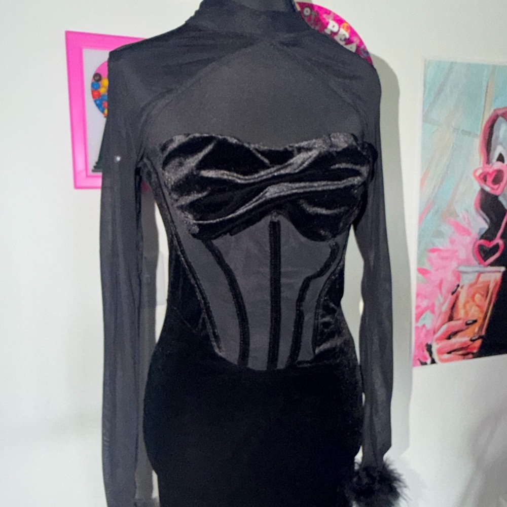 Y2K black velvet illusion corset gown